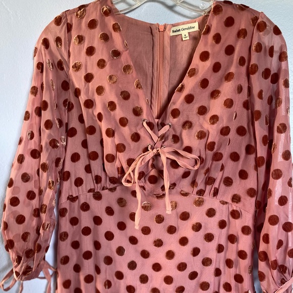 Great condition, Romantic Soft Pink Midi Dress with Velvet Polka Dot details, S - Picture 3 of 3